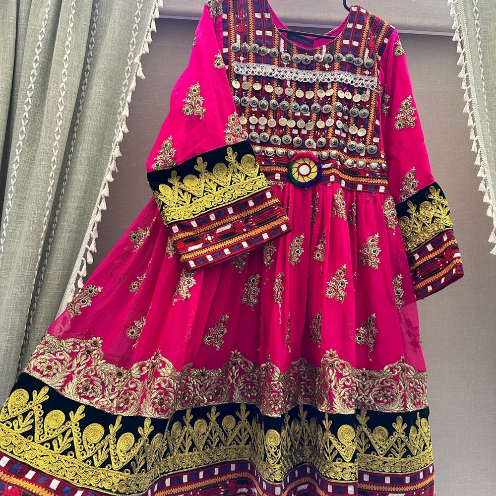 Traditional Afghan Dress. Shocking pink color with Blue Shalwar
